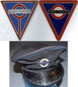 3 London Transport bus items comprising a pair of RADIATOR TRIANGLE BADGES, one is enamel for an