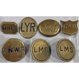 Selection (7) of RAILWAY HORSE BRASSES comprising rectangular MR Co, oval LYR, oval NER Co (worn but