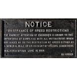 Cast-iron RAILWAY SIGN 'Notice - Observance of Speed Restrictions. The earnest attention of