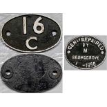 Pair of railway cast-iron PLATES comprising SHEDPLATE 16C from Kirkby to 1955, Mansfield 1955-60 and