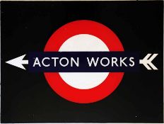 London Underground BULLSEYE SIGN 'ACTON WORKS' with double-feathered arrow bisecting the bar. Made
