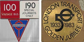 Selection (4) of London Transport items comprising enamel E-PLATES for routes 100 Vintage Bus on red