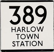 London Transport bus stop enamel E-PLATE for route 389 destinated Harlow Town Station. Believed to
