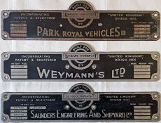 Trio of London Transport RT bus alloy BODYBUILDER'S PLATES comprising examples for Park Royal