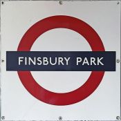 London Underground enamel PLATFORM SIGN from Finsbury Park station. The bullseye design suggests