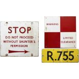 Trio of London Underground enamel SIGNS: 'Stop. Do not proceed without shunter's permission' with