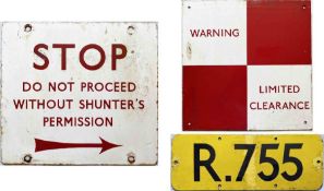 Trio of London Underground enamel SIGNS: 'Stop. Do not proceed without shunter's permission' with