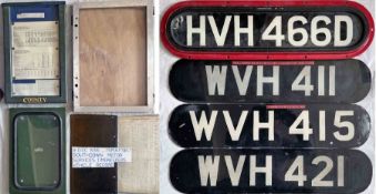 Selection (8 items) of bus-related material: 4 Huddersfield Corporation glass REGISTRATION PLATES, 2