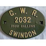 Great Western Railway (GWR) cast-iron TENDER PLATE from 3,500 gallon tender no 2032. These tenders