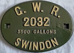 Great Western Railway (GWR) cast-iron TENDER PLATE from 3,500 gallon tender no 2032. These tenders