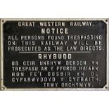 Great Western Railway (GWR) cast-iron, fully-titled TRESPASS NOTICE, a bilingual English/Welsh