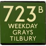 London Transport coach stop enamel E-PLATE for Green Line route 723B lettered 'Weekday' and