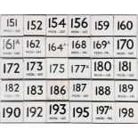 Large quantity (30) of London Transport bus stop enamel E-PLATES with route numbers from 151 to 198.