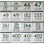 Large quantity (16) of London Transport bus stop enamel E-PLATES, all with the green digits used for