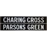 London Underground Q-Stock enamel CAB DESTINATION PLATE Charing Cross / Parsons Green on the