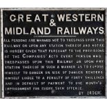 Great Western & Midland Railways cast-iron TRESPASS NOTICE In MR style and used on the former Severn