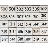 Large quantity (30) of London Transport bus stop enamel E-PLATES with route numbers from 300 to 320.
