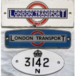 Trio of small ENAMEL PLATES comprising a 1930s London Transport bus stop timetable panel header (