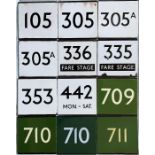 Quantity (12) of London Transport bus stop enamel E-PLATES including 4 Green Line examples. Most are