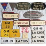 Good quantity (19) of bus and tram MANUFACTURER'S PLATES, FLEETNUMBER PLATES and bus stop FARE STAGE