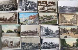 7 boxes (600+ pictures) of postcard-size PHOTOGRAPHS & COMMERCIAL POSTCARDS assembled into areas