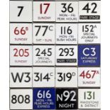 Large quantity (20) of London Transport bus stop enamel E-PLATES comprising routes 7, 17 Sunday (red