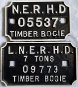 Pair of cast-iron, timber bogie WAGON PLATES comprising NER HD 05537 and LNER HD 7 tons 09773.
