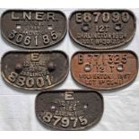 Selection (5) of cast-iron RAILWAY WAGON PLATES comprising one LNER and four BR. In good, ex-wagon