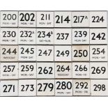 Large quantity (30) of London Transport bus stop enamel E-PLATES with route numbers from 200 to 298.