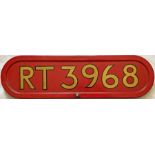 London Transport RT BONNET FLEETNUMBER PLATE from RT 3968. The first RT 3968 entered service at