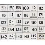 Large quantity (30) of London Transport bus stop enamel E-PLATES with route numbers from 105 to 150.