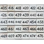 Large quantity (30) of London Transport bus stop enamel E-PLATES with route numbers from 405 to 476.