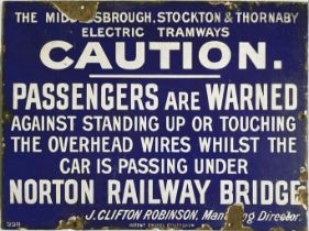 c1900 Middlesbrough, Stockton & Thornaby Electric Tramways ENAMEL SIGN from one of the company's