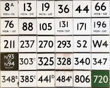 Large quantity (30) of London Transport bus stop enamel E-PLATES with a wide spread of route nos