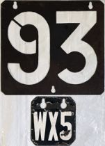 Pair of unusual London tram items comprising a ROUTE STENCIL PLATE for service 93 and a single-