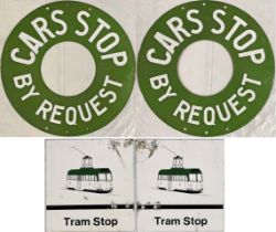 Pair of double-sided Blackpool Corporation TRAM STOP FLAGS, one traditional, enamel, circular