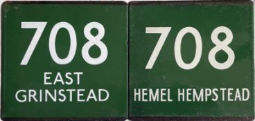 Pair of London Transport coach stop enamel E-PLATES for Green Line route 708, one for each