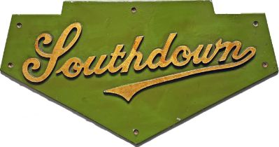 Southdown Motor Services cast-alloy PLATE 'Southdown' in apple green with gold lettering. These were