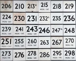 Large quantity (30) of London Transport bus stop enamel E-PLATES with Central Area route numbers