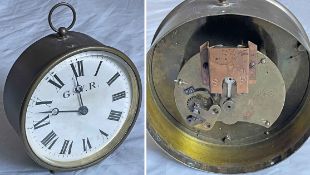 GWR brass, railway DRUM CLOCK with 5" (13cm) dial. Runs well but not checked for timekeeping. Dial