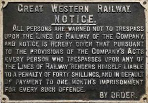 Great Western Railway post-Grouping cast-iron TRESPASS NOTICE. Measures 29" x 20" (74cm x 51cm).