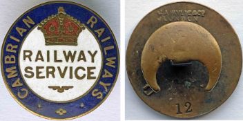 Cambrian Railways WW1 RAILWAY SERVICE BADGE. Manufactured by J A Wylie & Co, London and numbered