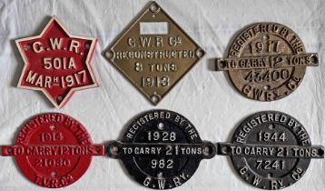 Selection (6) of GWR/Taff Vale Railway WAGON PLATES comprising cast-iron GWR 'star' plate dated