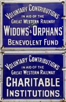 Pair of GWR collection box ENAMEL PLATES, the first for the Widows' & Orphans' Benevolent Fund and