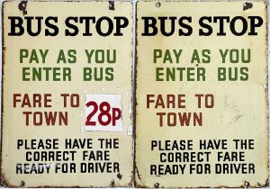 Blackpool Corporation enamel BUS STOP FLAG for 'Pay as you enter bus', also marked 'Fare to town'