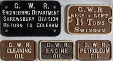 Selection (5) of small-size, cast-iron GWR PLATES/NOTICES comprising 'Engineering Sept, Shrewsbury