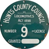 Early 20th-century enamel LICENCE PLATE Number 9 issued by Huntingdonshire County Council under