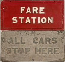 Pair of Glasgow Corporation TRAM STOP FLAGs 'Fare Station' and 'All Cars Stop Here'. Double-sided,