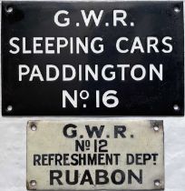 Pair of GWR ENAMEL PLATES, both rather unusual. The first reads 'Sleeping Cars, Paddington, No 16'