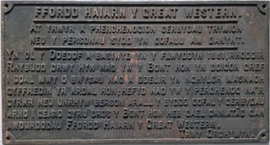 GWR Welsh-language cast-iron BRIDGE WEIGHT RESTRICTION NOTICE under the 1861 Law. Measures 30.5" x